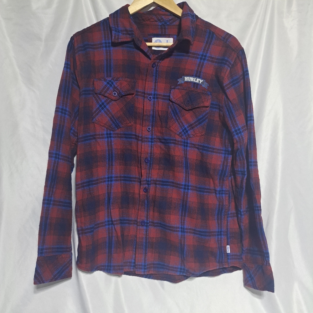 Hurley Mens Small Red Blue Plaid Long Sleeve Button Up Collared Shirt